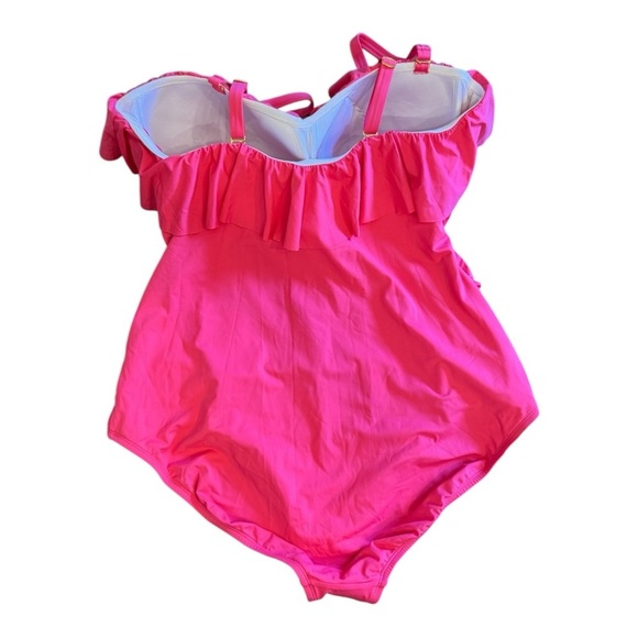 Bleu by Rod Beattie Shirred Ruffle Bandeau One-Piece Swimsuit in Rose Red NWT - Picture 4 of 5